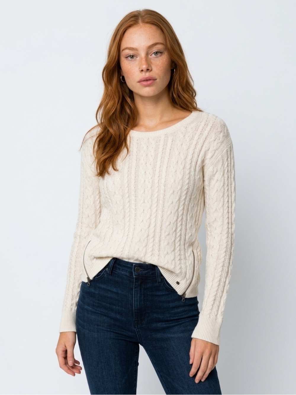 American Eagle Outfitters Cream Cable Knit Sweater with Side Zippers